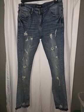 Pheelings Unisex Distressed Skinny Jeans Blue Denim Frayed Hem Size 36